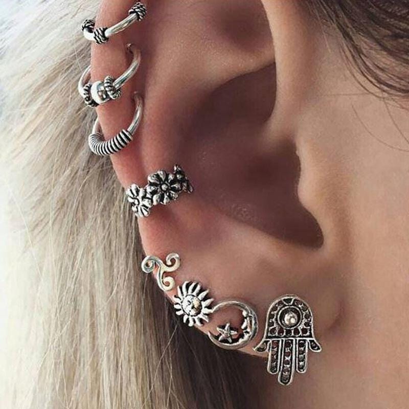 8 PCS Boho Vintage Sun And Moon Stud Earrings (2417)