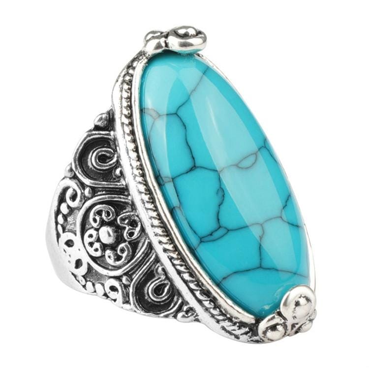 Fashion Vintage Oval Turquoise Flower Ring Women Antique Silver Jewelry, Ring Size:8 (Blue)