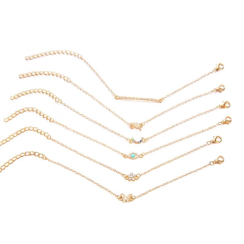 6 PCS/Set Punk Butterfly Eye Star Moon Leaves Crystal Gem Shiny Gold Multilayer Chain Bracelet (Gold)