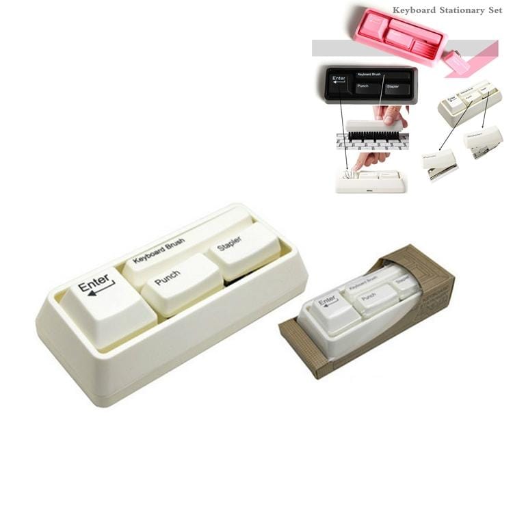 Multifunctional Keyboard Stationery Set Stapler Puncher (Pink)