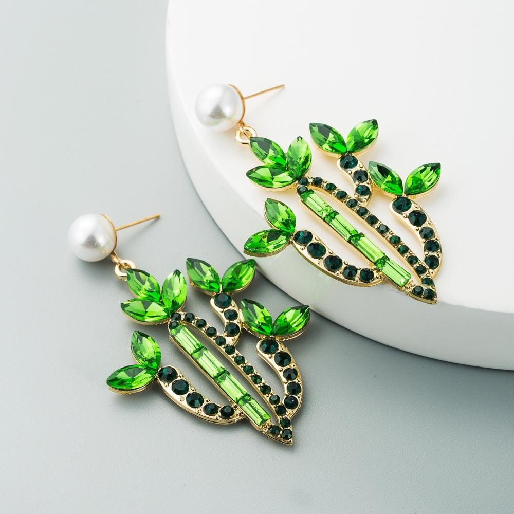 2 PCS Cactus Alloy Retro Earrings With Colored Rhinestones (Green)
