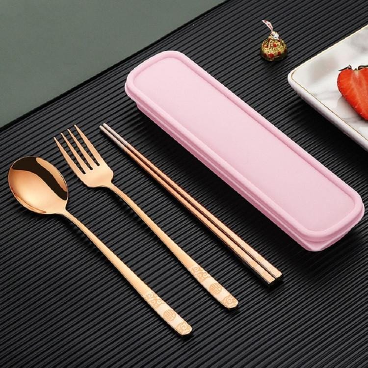 Stainless Steel Tableware Student Office Worker Portable Tableware Set, Specification:3 PCS / Set, Color:Rose Gold