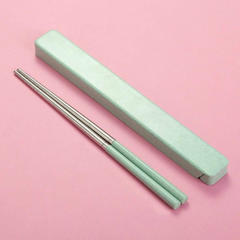 304 Stainless Steel Chopsticks + Wheat Straw Boxed Set Portable Takeaway Travel Tableware, Style:Pullout (Green)