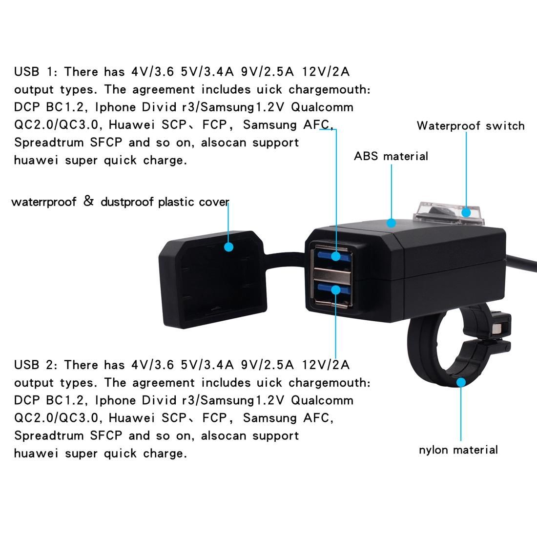 Motorcycle Waterproof QC3.0 Dual USB Fast Charger Adapter with Switch
