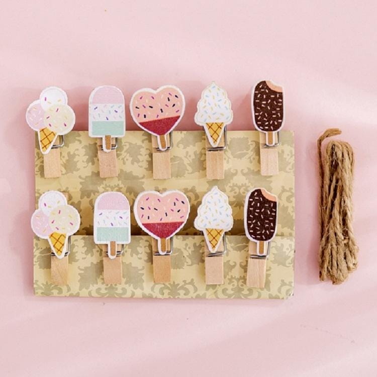 2 PCS Cartoon Hanging Photo Wall Decoration Hemp Rope Creative Colorful Wooden Clip (Ice Cream)