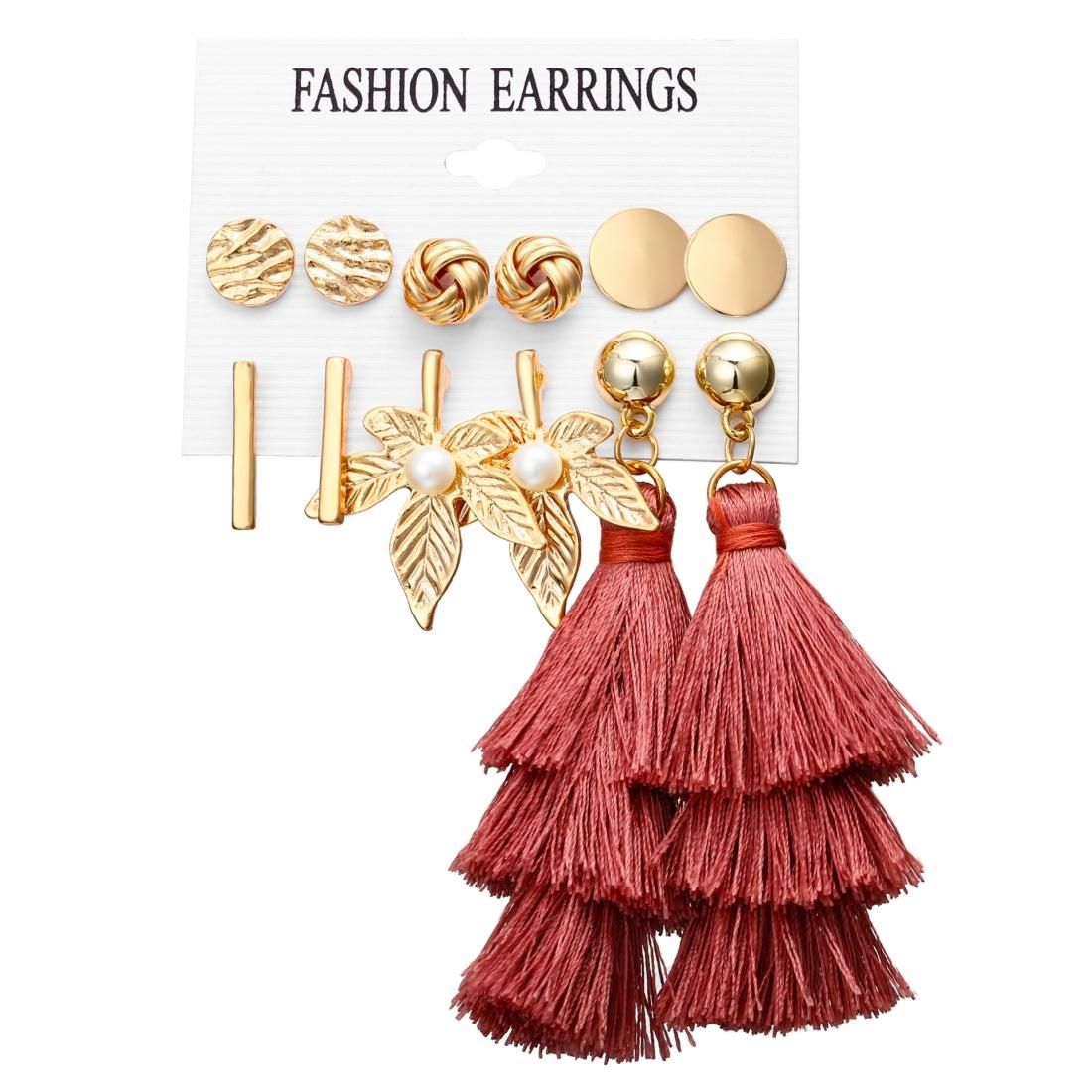 Women Long Tassel Stud Earrings Set Bohemian Flower Heart Earring (A03-01-01)