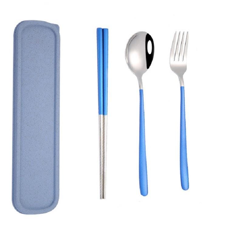 4 PCS / Set Portable Stainless Steel Tableware Creative Set Chopsticks Spoon Fork Gift, Color:Blue