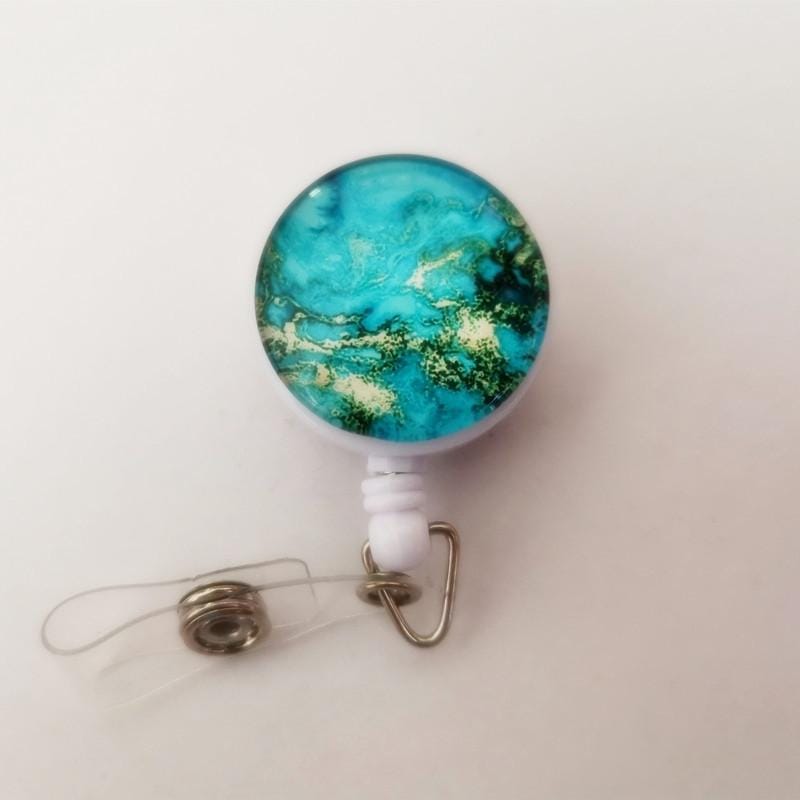 2 PCS Night Starry Sky Marble Crack Puller Retractable Buckle Lanyard Business Key Buckle Card Holder Aqua Blue Crocodile Clip