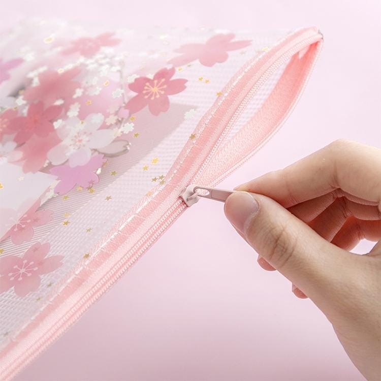 3 PCS Cat in Sakura Sequins Mesh Bag Folder, Color:B5