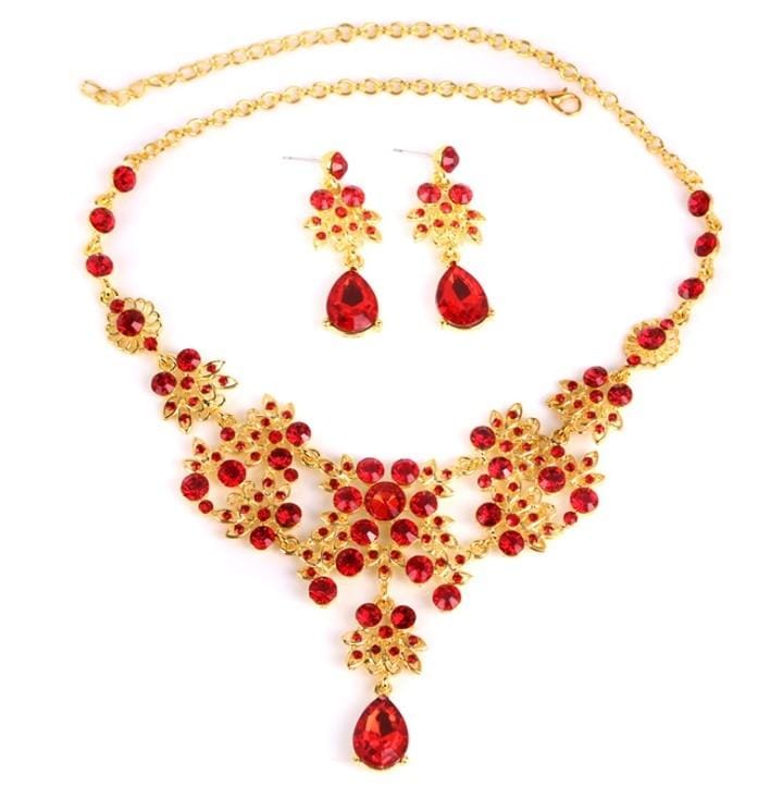 Baroque Vintage Gold Red Crystal Bridal Jewelry Sets (Necklace+Ear ring not have hole)