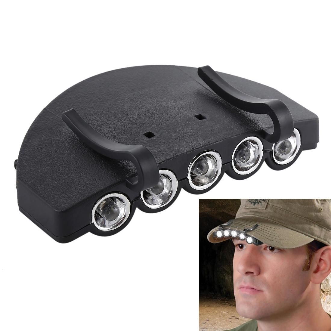 Head Light Lamp Cap Torch Bulb, 5 LED White Light, for Outdoor Fishing Camping Hunting (Black)