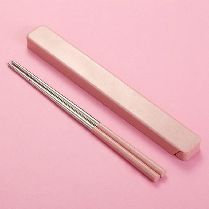 304 Stainless Steel Chopsticks + Wheat Straw Boxed Set Portable Takeaway Travel Tableware, Style:Pullout (Blue)