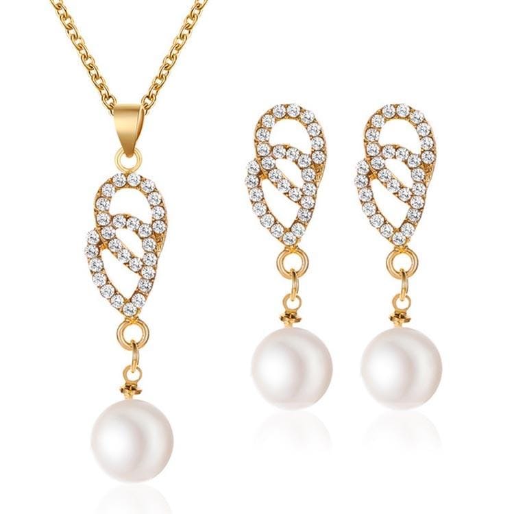 Elegant Double Ring Pearl Pendant Necklace Hook Earrings Set Wedding for Women (Gold)