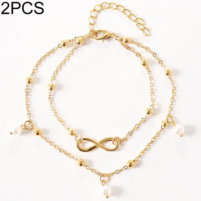 2 PCS Summer Style Gold/Silver Color Layered Chain Infinity Charm Anklets For Women Ankle Bracelet (Gold)