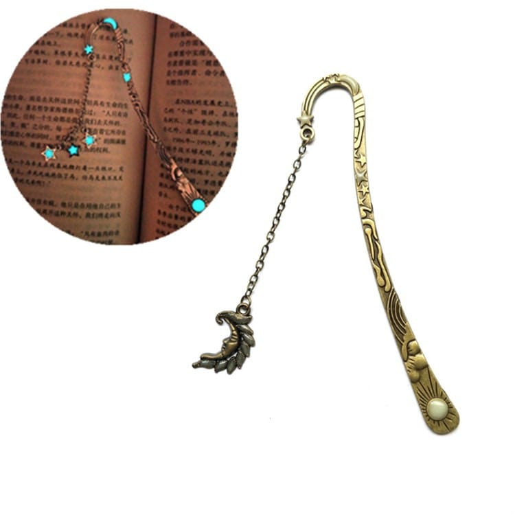Luminous Sun Moon Star Bookmark Retro Pentagram Glowing Metal Bookmark (Bronze Moon)