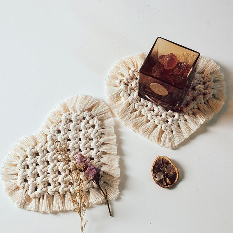 Woven Tassel Cotton Rope Love Coaster Placemat Cotton and Linen Heat Insulation Pad Home Daily Decoration