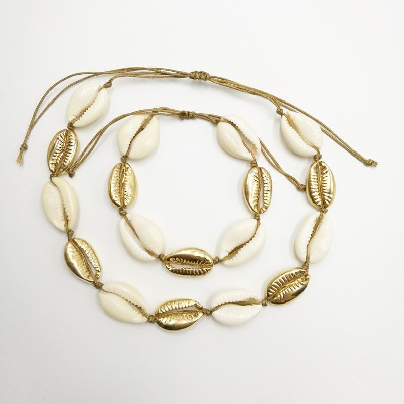 Shell Charm Hand Chain Necklace Beige Cord Hand Jewelry Necklace, Design:Silver whole set