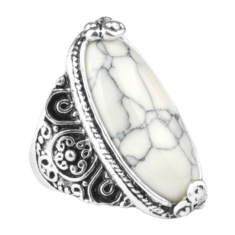 Fashion Vintage Oval Turquoise Flower Ring Women Antique Silver Jewelry, Ring Size:10 (White)