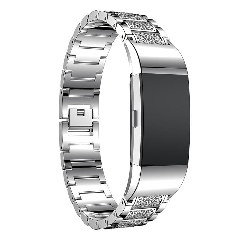 Diamond-studded Solid Stainless Steel Wrist Strap Watch Band for Fitbit Charge 2 (Silver)