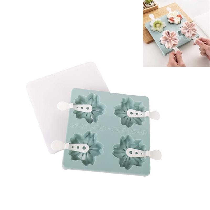 Household 4 Grid Ice Maker Popsicle Ice Cream Mold with Stick & Lid, Style:Cherry Blossoms (Pink)