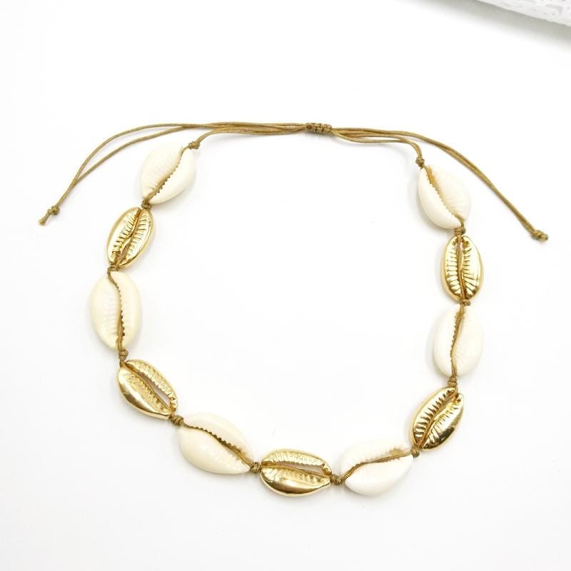 Shell Charm Hand Chain Necklace Beige Cord Hand Jewelry Necklace, Design:Silver whole set