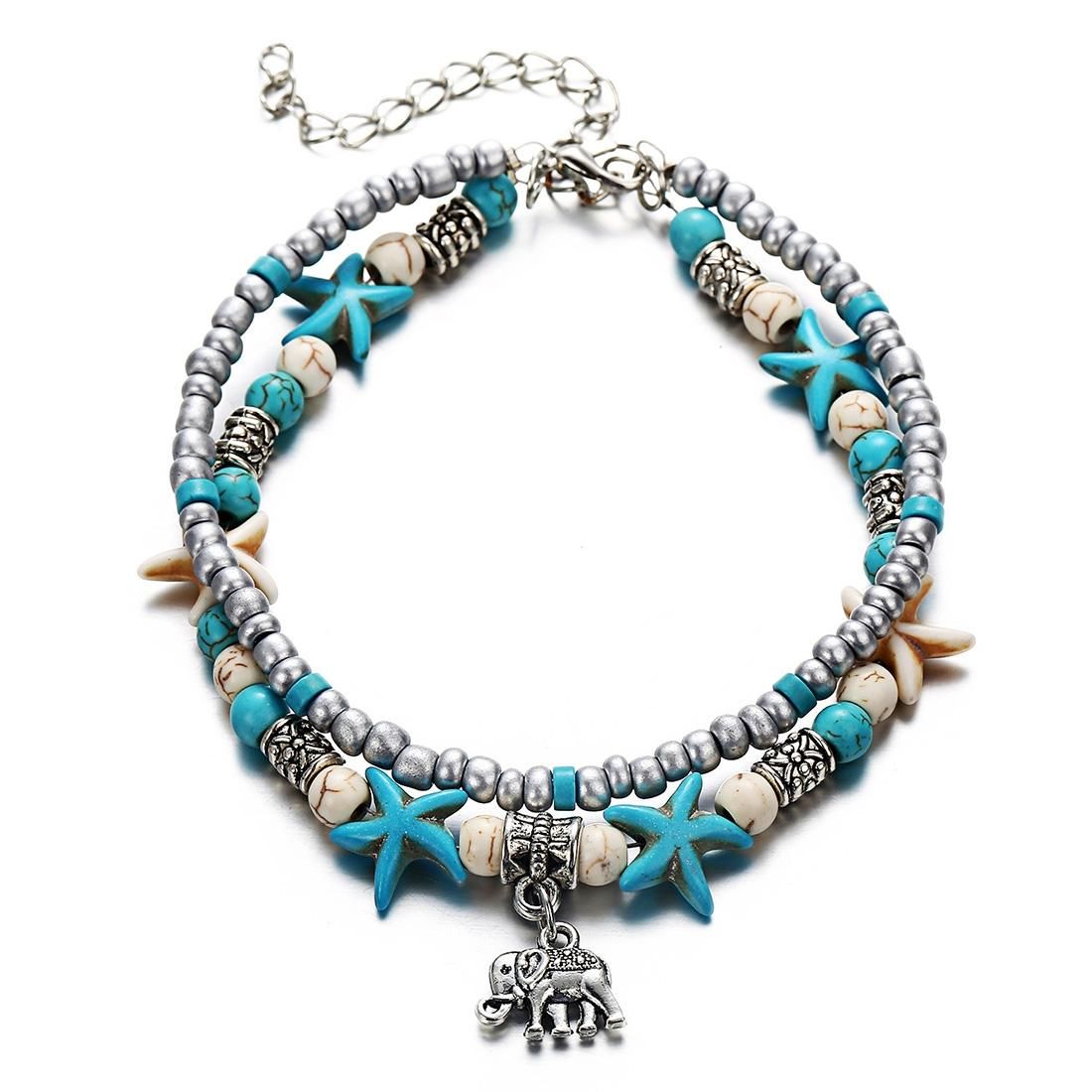 Vintage Shell Starfish Sea Beads Turquoise Beads Anklets Dual-Layer Anklet  Bracelets (Owl)