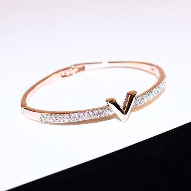 V Letter Design Zircon Rose Gold And White Simple Jewelry Bracelets For Women And Girls (Rose Gold)