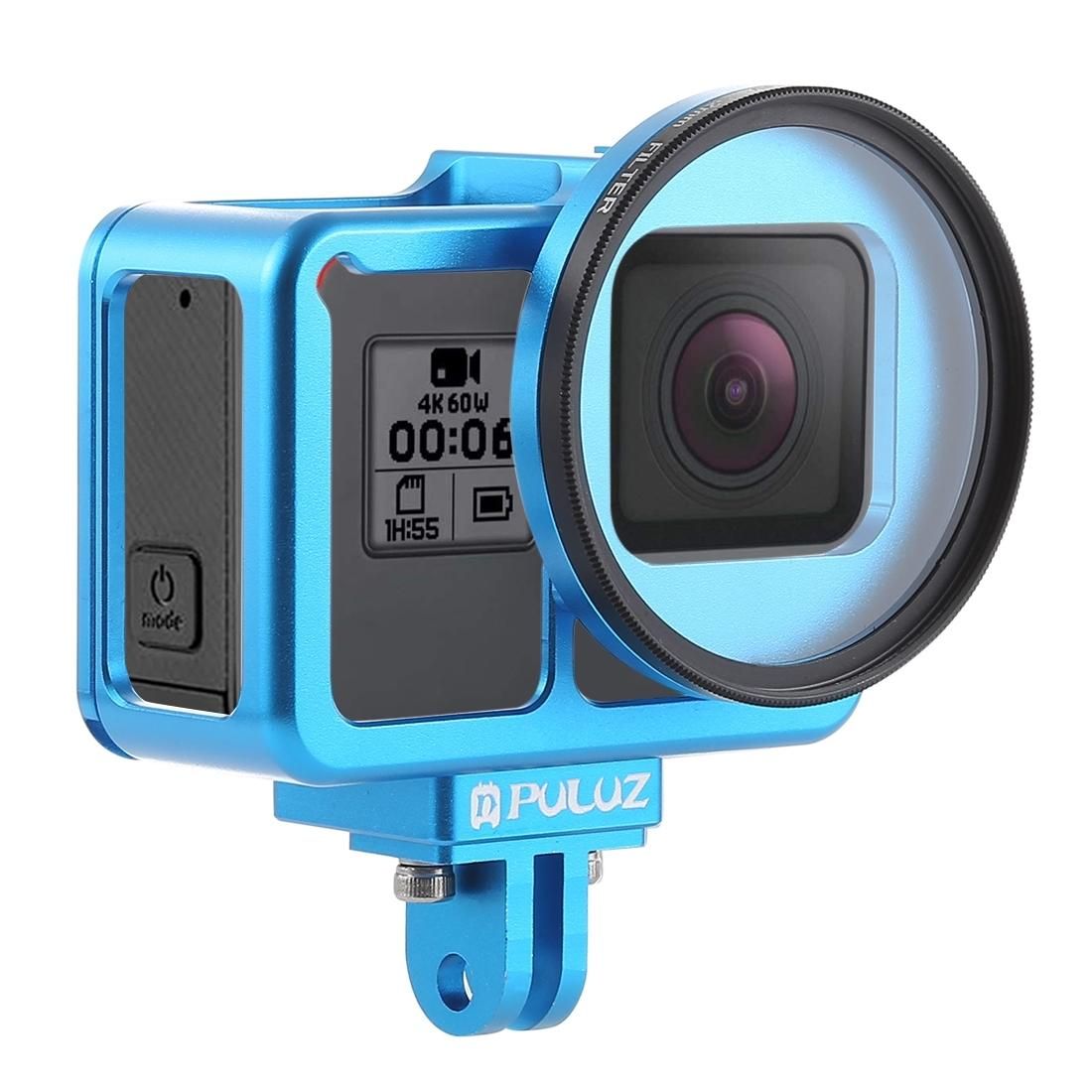 PULUZ Housing Shell CNC Aluminum Alloy Protective Cage with Insurance Frame & 52mm UV Lens for GoPro HERO7 Black /6 /5 (Blue)