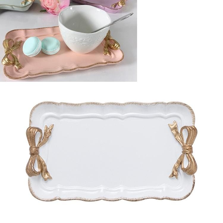 Rectangle Cute Bow Cake Dessert Small Plate Towel Dish Small Jewelry Storage Tray (White)