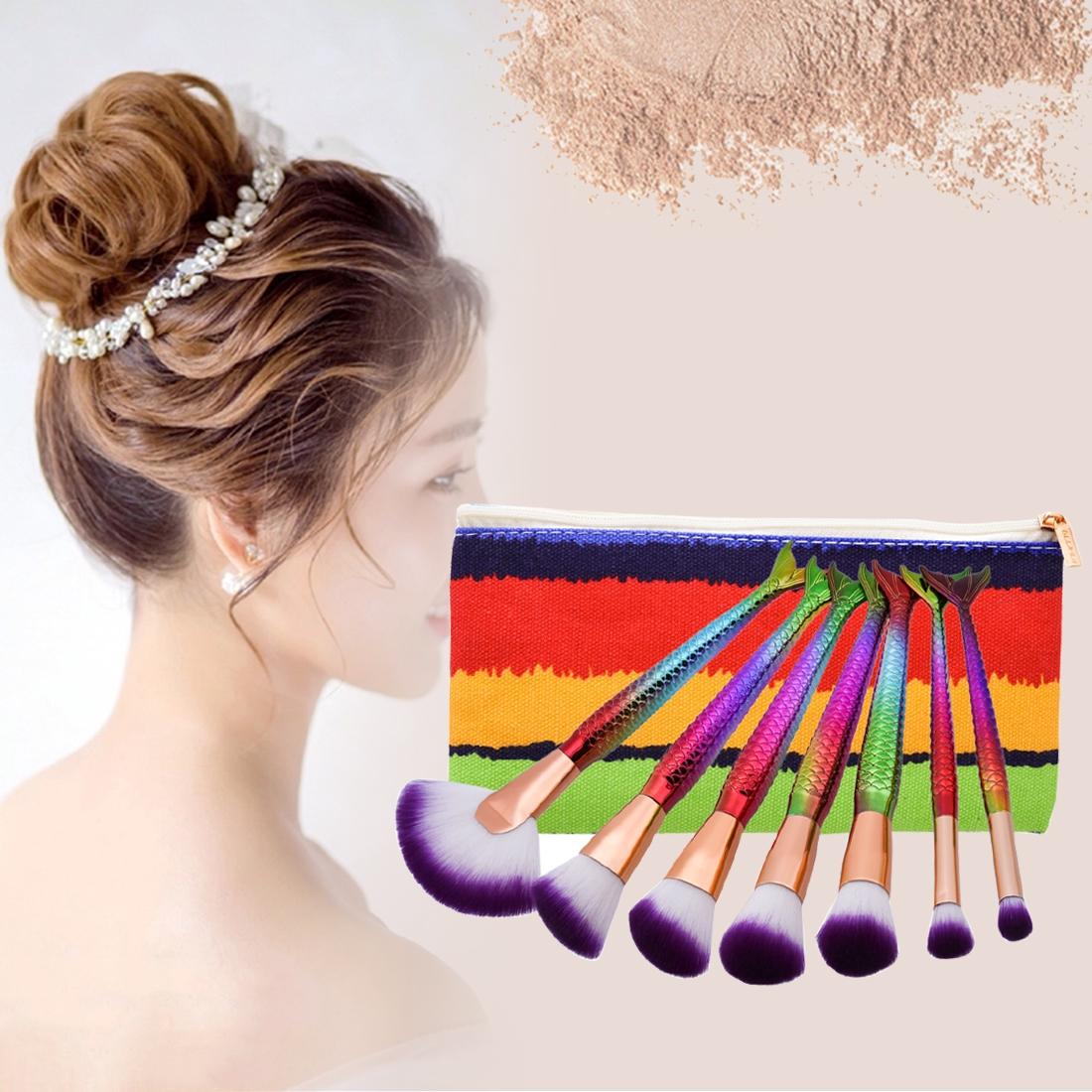 7 in 1 Mermaid Style Handle Makeup Brush Cosmetic Foundation Cream Powder Blush Makeup Tool with Portable Bag Set (Style1)