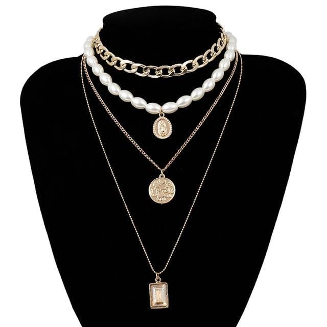 Punk Multi Layered Pearl Choker Necklace Collar Statement Virgin Mary Coin Crystal Pendant Necklace Women Jewelry (Golden)