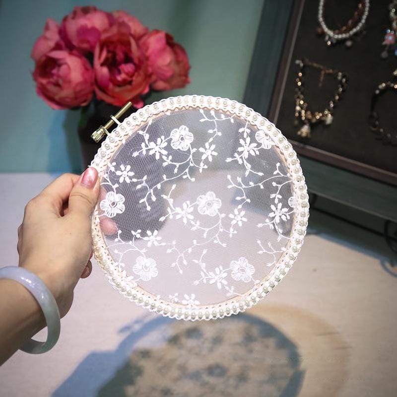 Round Embroidery Shed Lace Pad Jewelry Rack Earrings Storage Display Stand, Lace Pearl Version, Size: M (Wood)