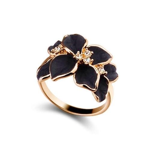 3 PCS/Set Fashion Camellia Black Enamel Ring Earrings and Necklace Jewelry Set (Gold)