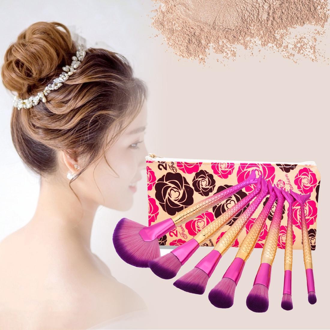 7 in 1 Mermaid Style Handle Makeup Brush Cosmetic Foundation Cream Powder Blush Makeup Tool with Portable Bag Set (Style2)