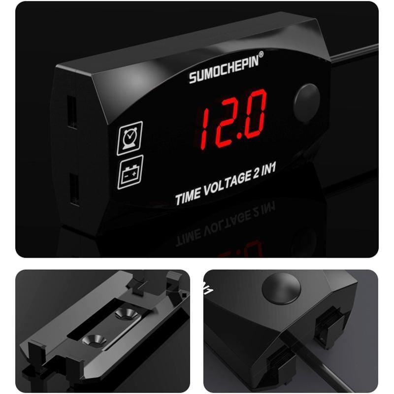 Motorcycle Multi-functional 2 in 1 Digital Display Voltmeter + Electronic Clock, 6-30V IP67
