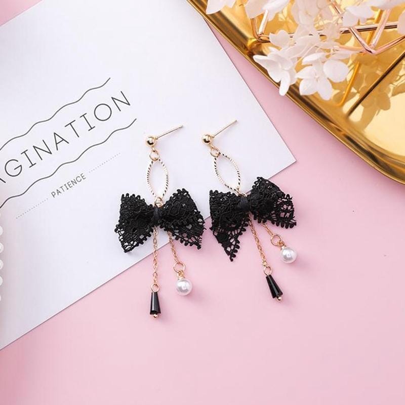 Cute Lace Bow-knot Tassel Pearl Earrings Jewelry (White)