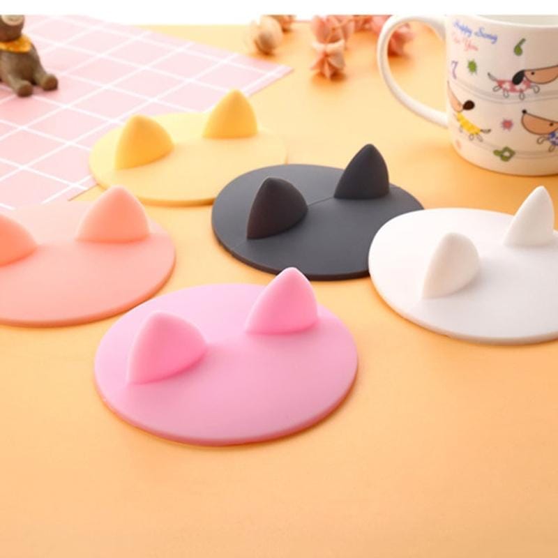 Silicone Cartoon Cat Ear Shape Universal Water Cup Lid Round Non-toxic Cup Lid (White)
