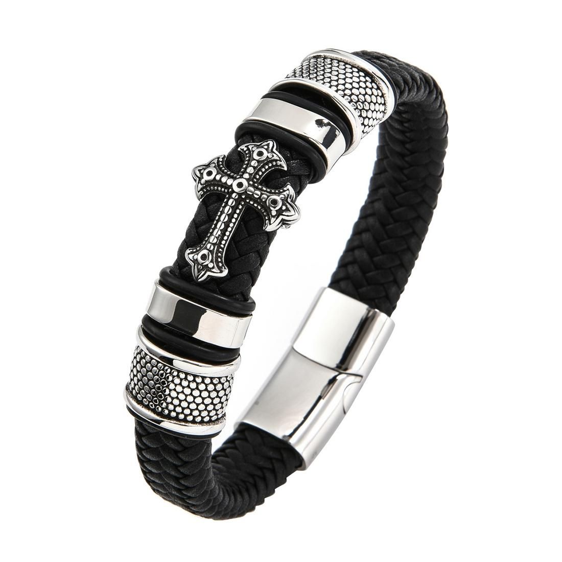 Multi-layer Handmade Leather Chain Weaved Man Stainless Steel Wristband Bracelets, Length:20cm (Brown)