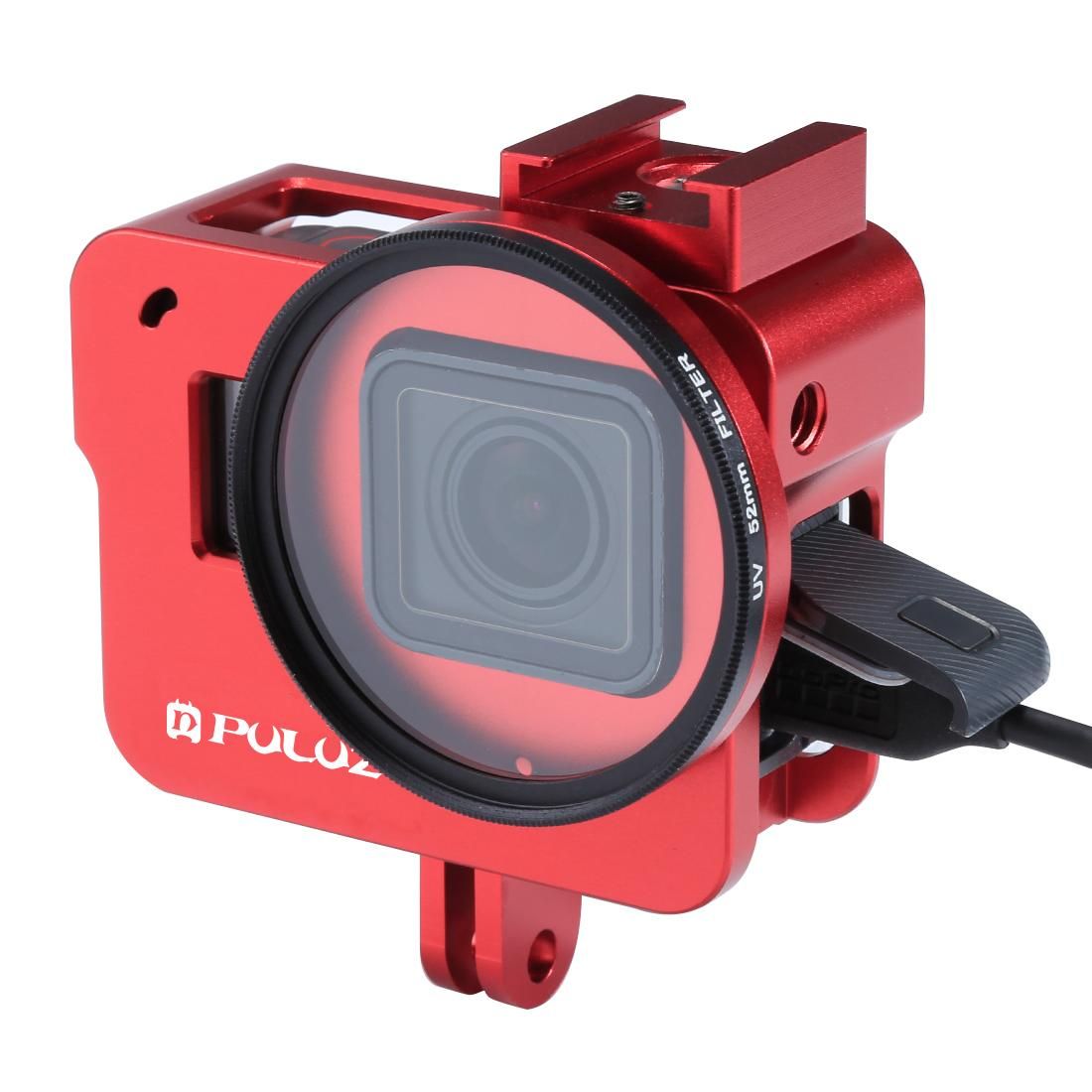 PULUZ Housing Shell CNC Aluminum Alloy Protective Cage with 52mm UV Lens for GoPro HERO /7 Black /6 /5 (Red)