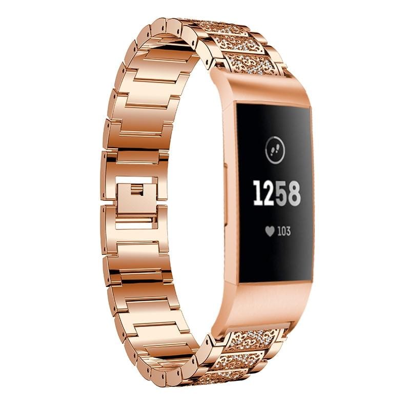 Diamond-studded Solid Stainless Steel Wrist Strap Watch Band for Fitbit Charge 3 (Rose Gold)