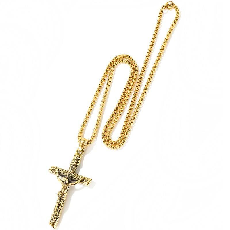 OPK 1668 Cross Pendant Classic Men Titanium Steel Necklace, Style:Pendant + Chain, Color:Gold