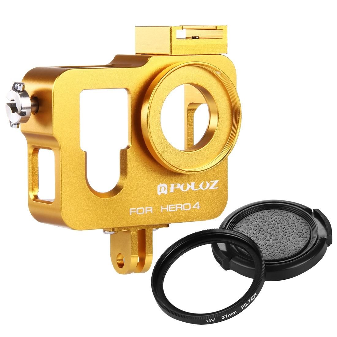 PULUZ Housing Shell CNC Aluminum Alloy Protective Cage with 37mm UV Lens Filter & Lens Cap for GoPro HERO4 (Gold)