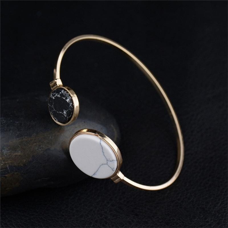 Faux Marble Stone Round Geometric Bangle Gold Circle Cuff Bangle Bracelet (Black White)