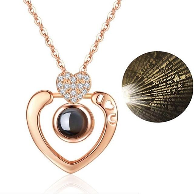 100 Language I Love You Projective Girl Two Heart Pendant Necklace Jewelry (Gold)