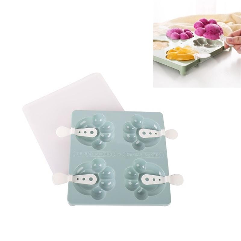 Household 4 Grid Ice Maker Popsicle Ice Cream Mold with Stick & Lid, Style:Bear Paw (Blue)