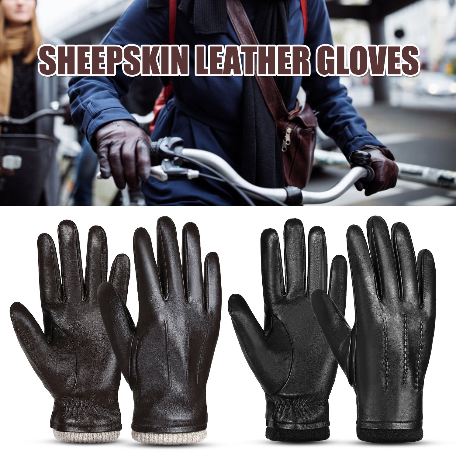 Men Sheepskin Leather Gloves Outdoor Sport Warm Wool Lined - L